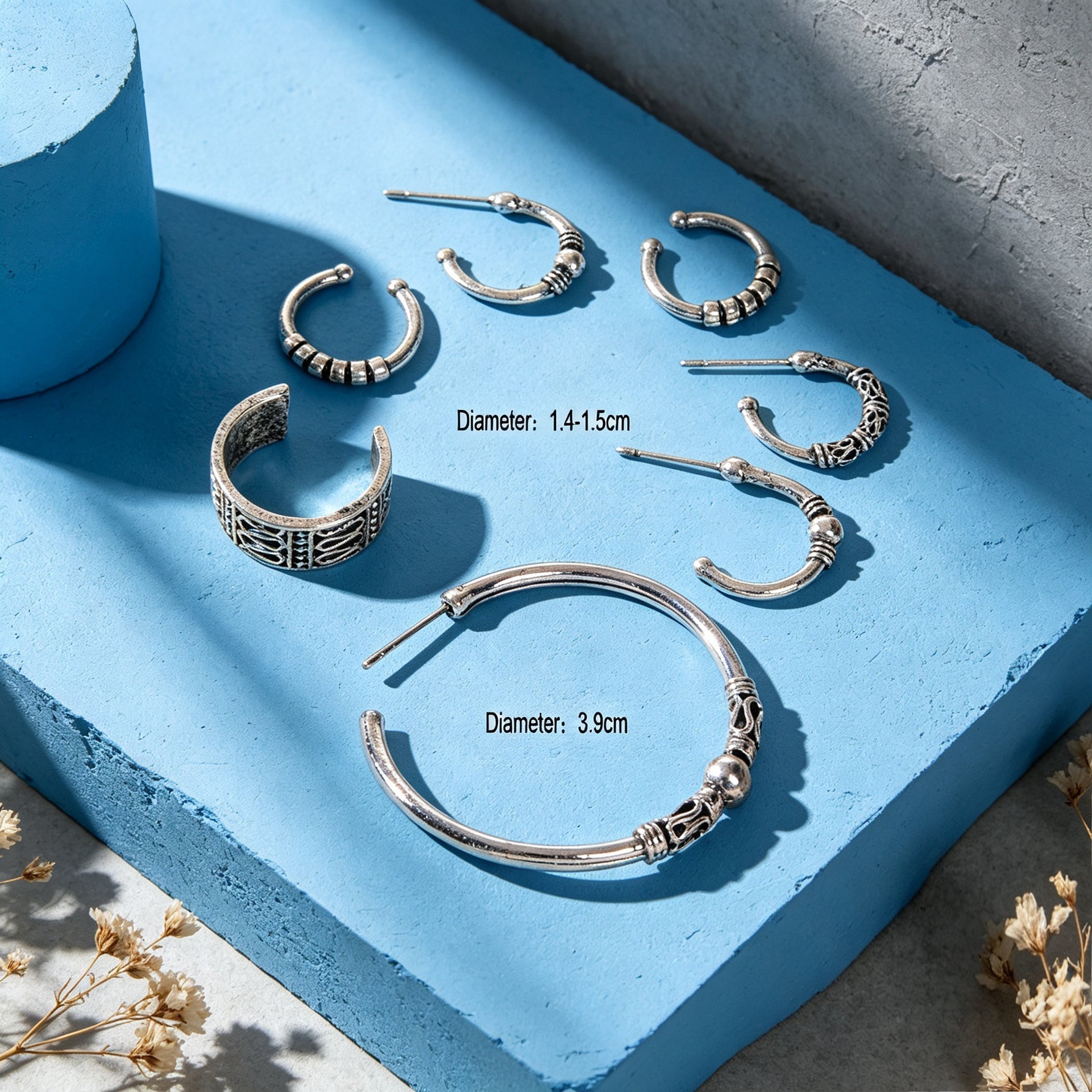 7pcs Vintage Punk Hoop Earrings Antique Silver Street style C‑Shaped Ear Cuff-3