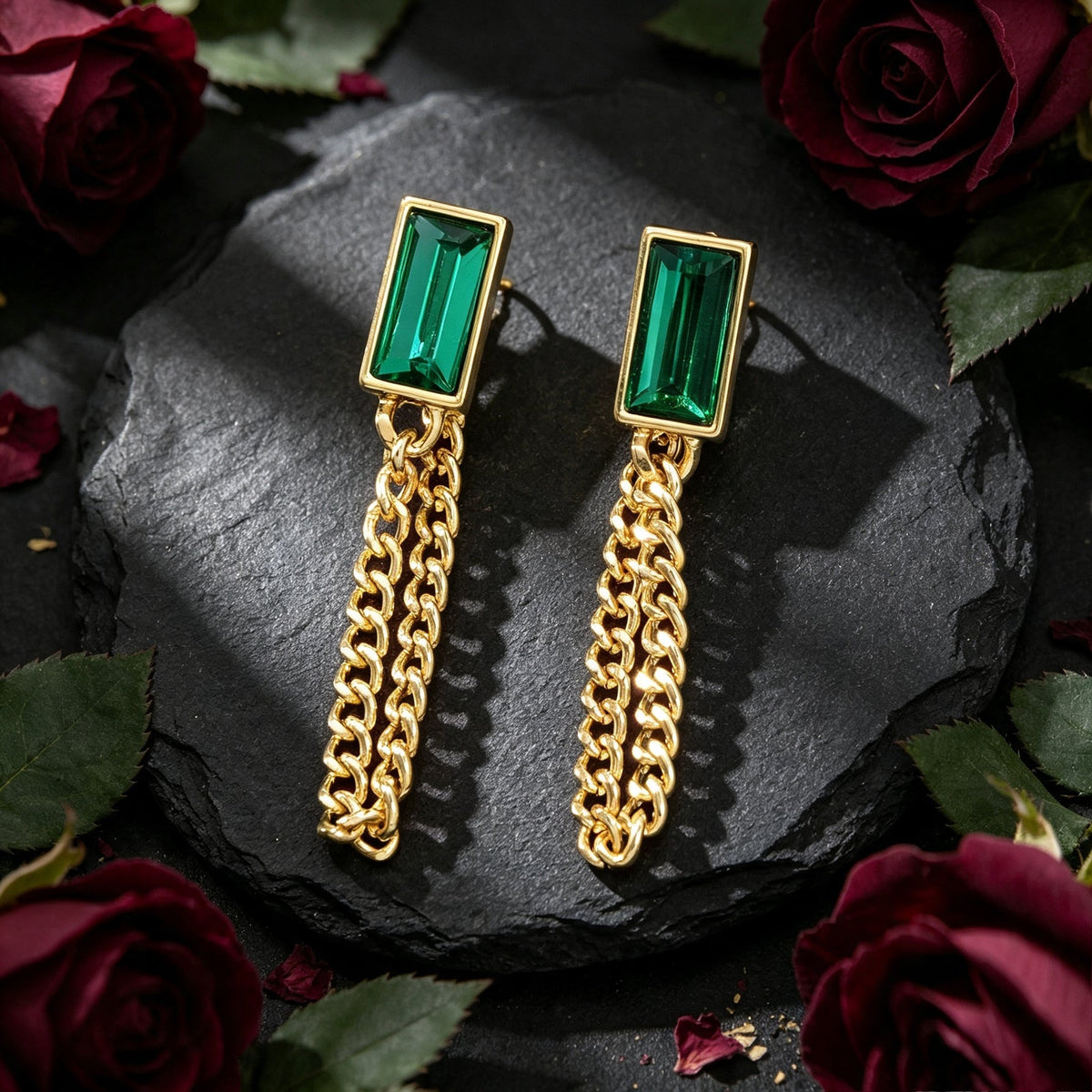 Vintage Green Rectangular Gold Tassel Chain Earrings Elegant Banquet Evening Gathering Accessories-4