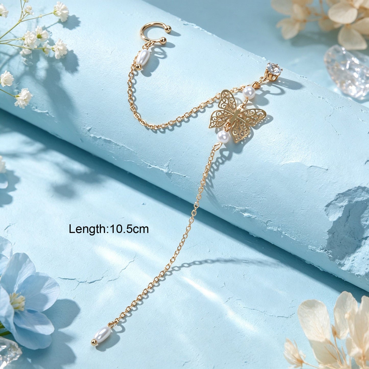 1 pc Butterfly Long Fringe Chain Ear Cuff Climber Earring Imitation Pearl Decor Elegant Prom Party Jewelry-4