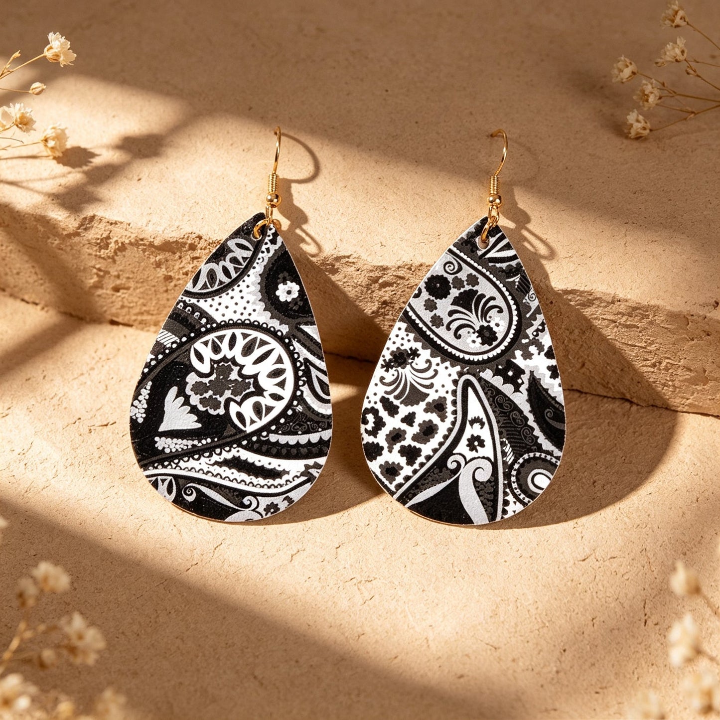 Boho Black White Paisley Pattern Water Drop PU Leather Dangle Earrings Beach Vacation Jewelry-3