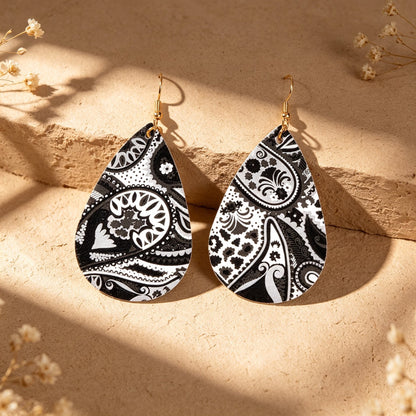 Boho Black White Paisley Pattern Water Drop PU Leather Dangle Earrings Beach Vacation Jewelry-3