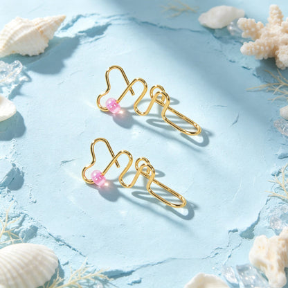 2pcs Delicate Gold Wavy Heart Ear Cuff Pink Bead Non-Pierced Cartilage Ear Clip-4