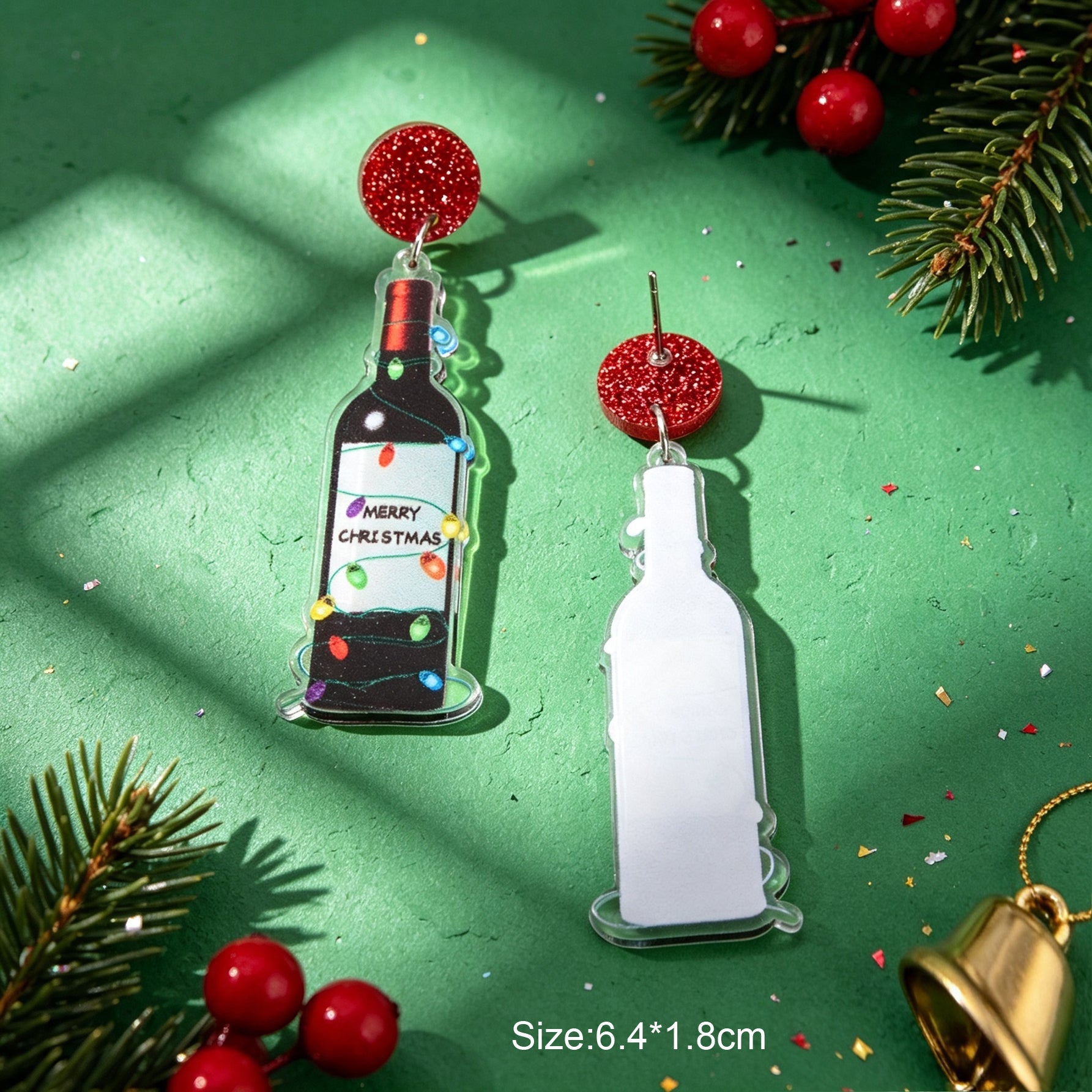 Novelty Christmas Red Disk Wine Bottle Dangle Earring Acrylic Xmas Party Jewelry-4