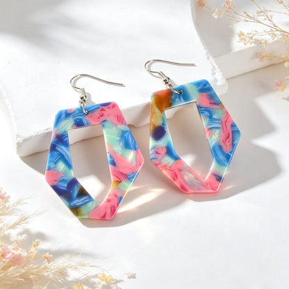 Irregular Geometric Shape Colorful Stone Vein Acrylic Earrings  Beach Vacation Pool Party Jewelry-1