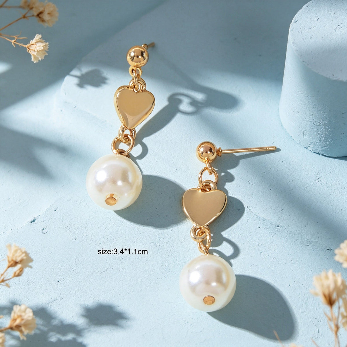 Lovely Gold Heart Pearl Chain Drop Dangle Earrings Daily Party Dating Jewellery-3