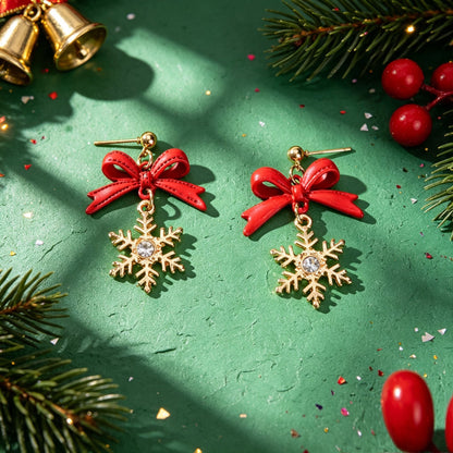 Christmas Sweet Red Bow Gold Snowflake Dangle Earring Xmas Holiday Party Jewelry-4