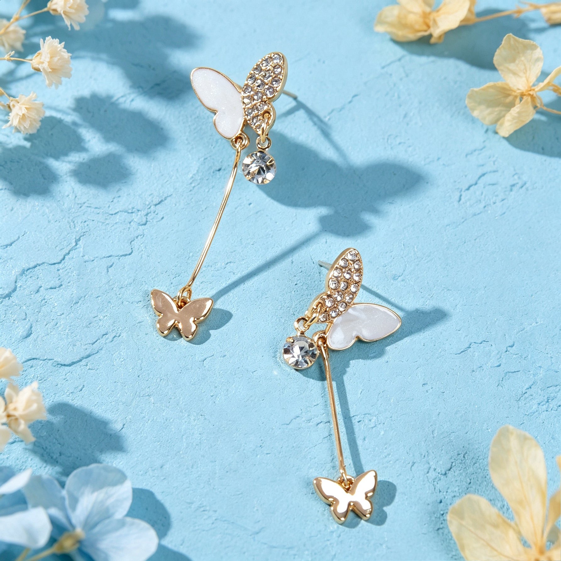Gold Shiny Double Butterfly Long Dangle Earrings Exquisite Evening Party Jewelry-3