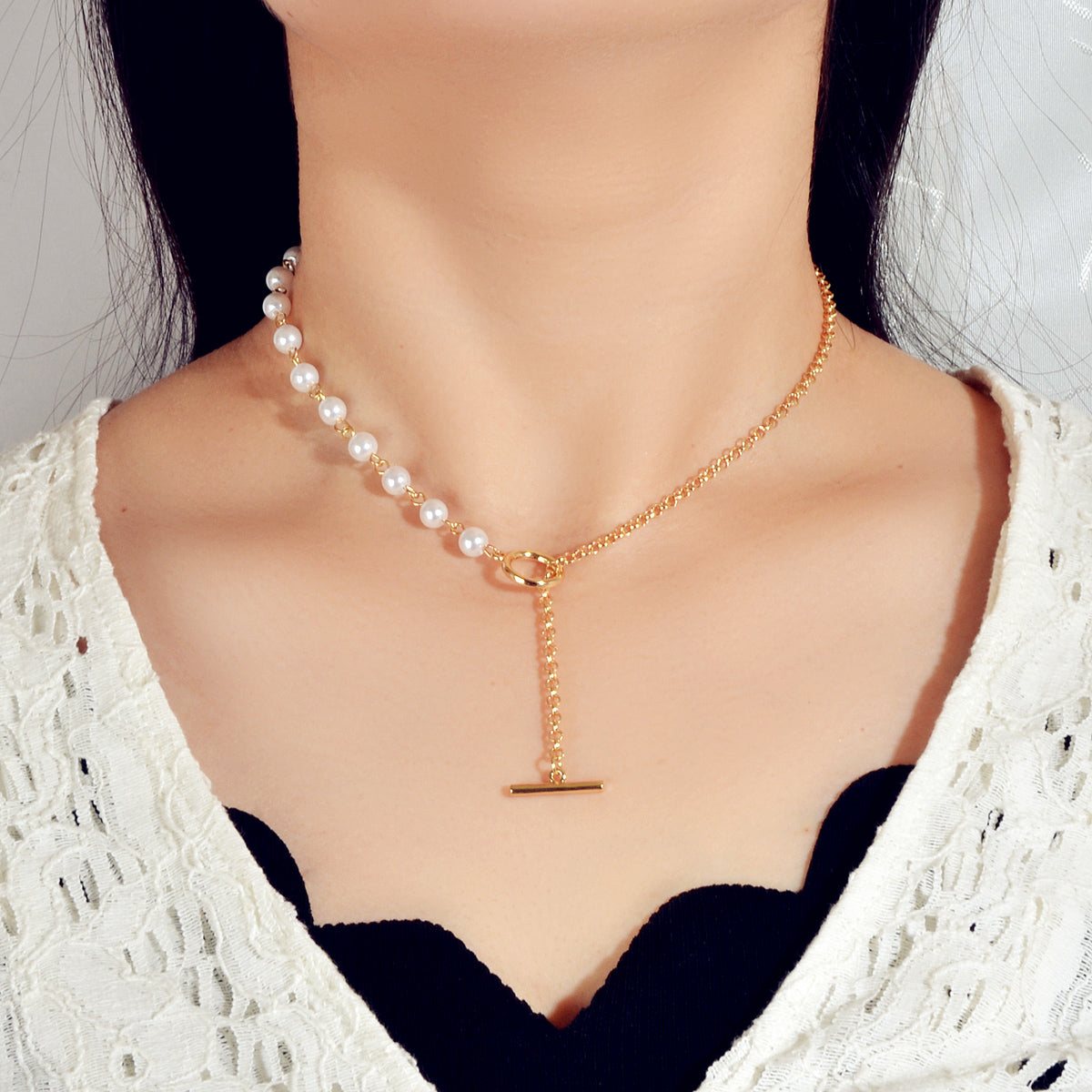 Ladies Jewelry Accessories Pearl Gold Chain Bar Charm Dangle Y Lariat Necklace-0