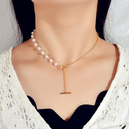 Ladies Jewelry Accessories Pearl Gold Chain Bar Charm Dangle Y Lariat Necklace-0
