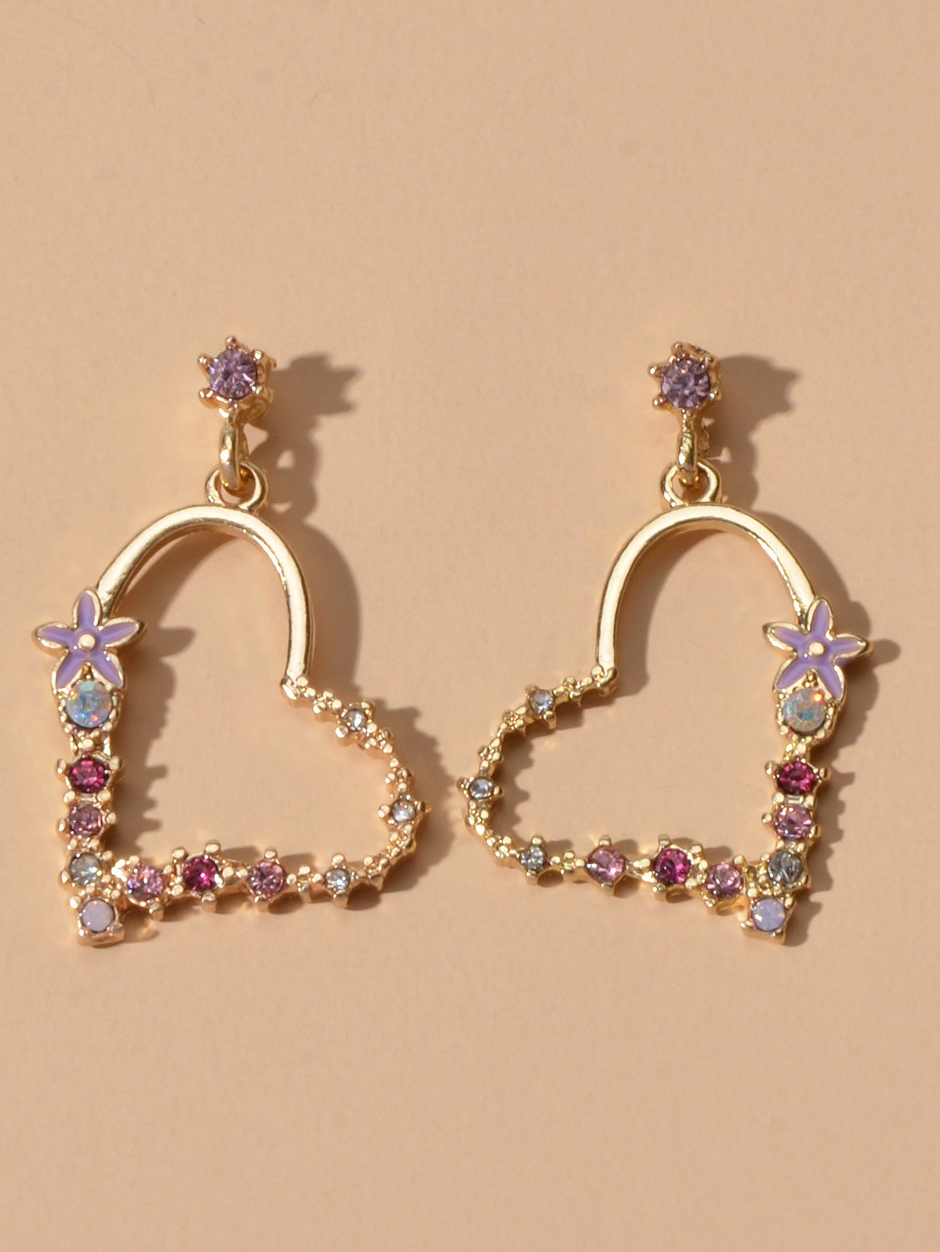 Good Quality Rhinestone Flower Gold Heart Drop Earrings Girl Fashion Accessories-0