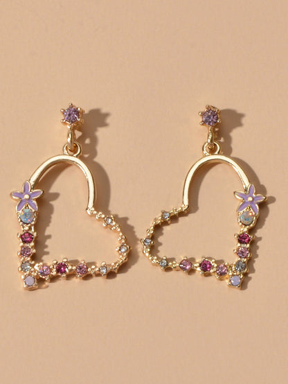 Good Quality Rhinestone Flower Gold Heart Drop Earrings Girl Fashion Accessories-0