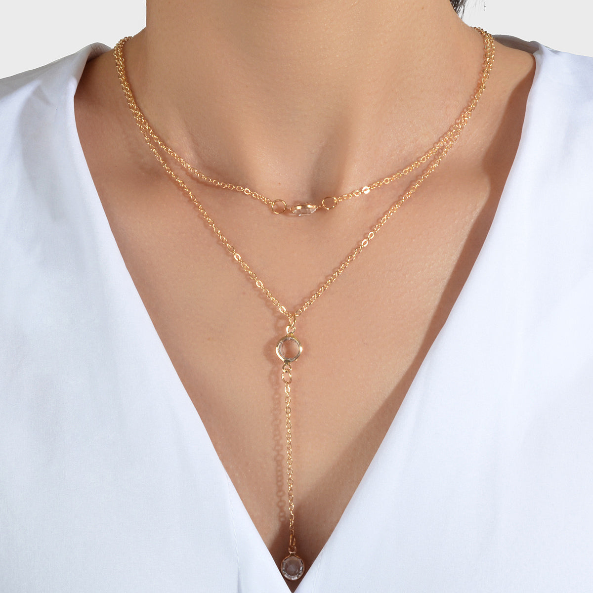 Female Gold Silver Chain Double Layered Necklace Long Chain Dangle Y Necklace-0