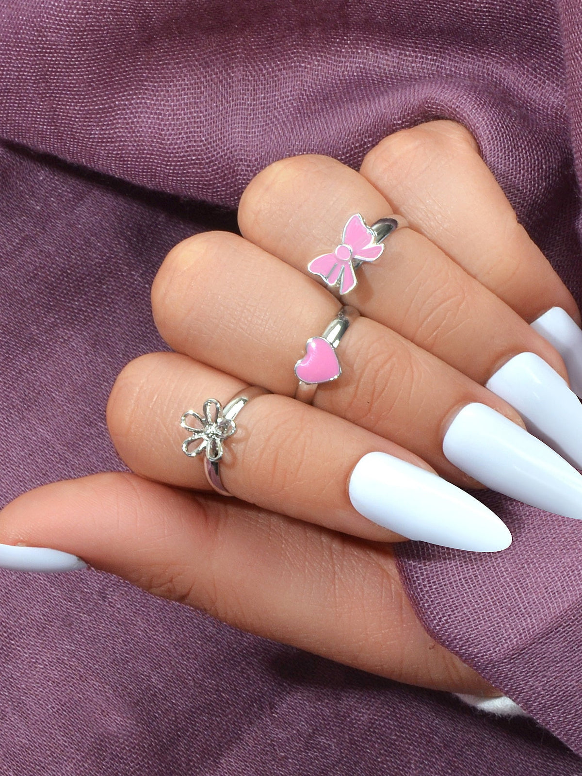 3 pcs Pink Heart Bowknot Trendy Silver Flower Multiple Cuff Finger Ring Set Gift-0