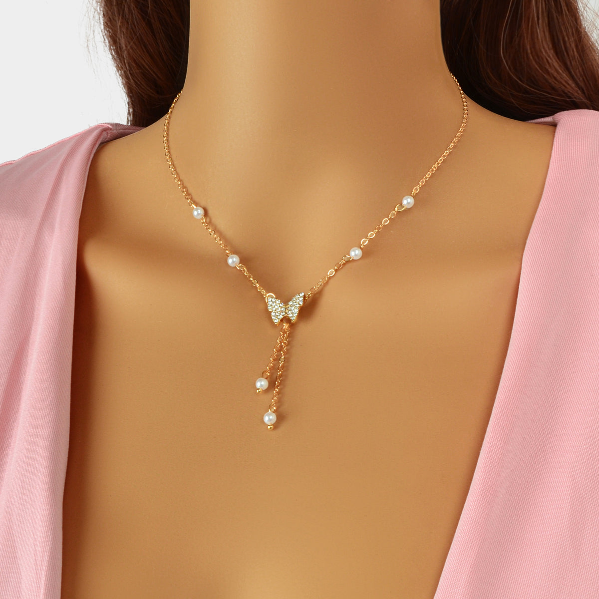 Sparkling Butterfly Pendant Y-Drop Necklace Tassel Clavicle Collar Women Jewelry-4