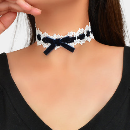 90s White Lace Flower Black Velvet Bowknot Tattoo Choker Necklace Grunge Collar-6