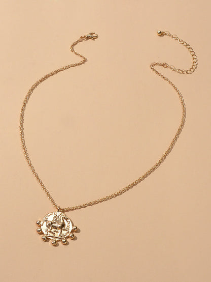Gold Chain Carved Riding Horse Round Pendant Trendy Necklace Fashion Jewellery-0