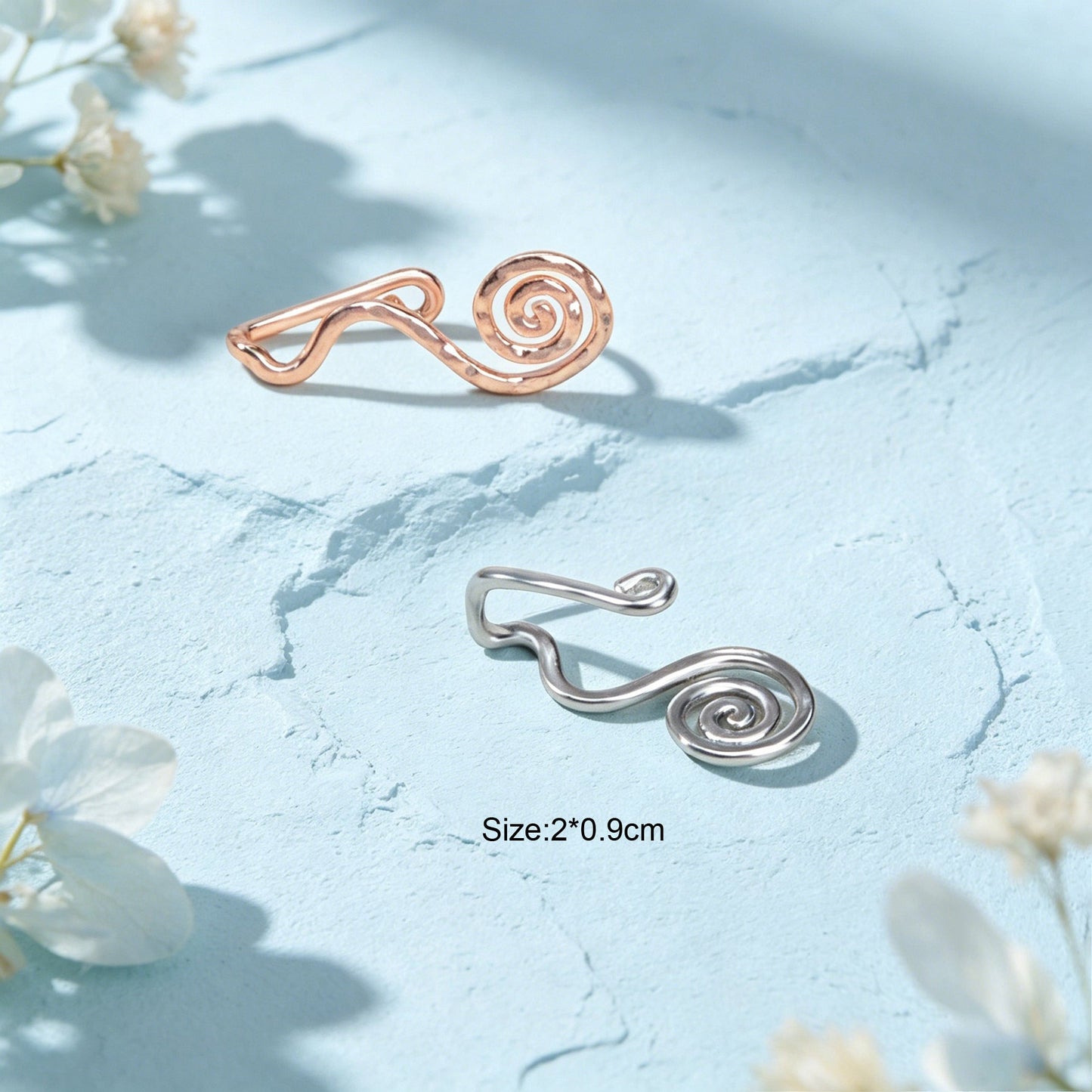 2 pcs Rose Gold Silver Spiral Ear Cuff Simple Irregular Metal Geometric Ear Clip-4