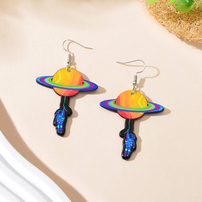School Sport Style Colorful Acrylic Space Series Astronaut Planet Dangle Earring-4