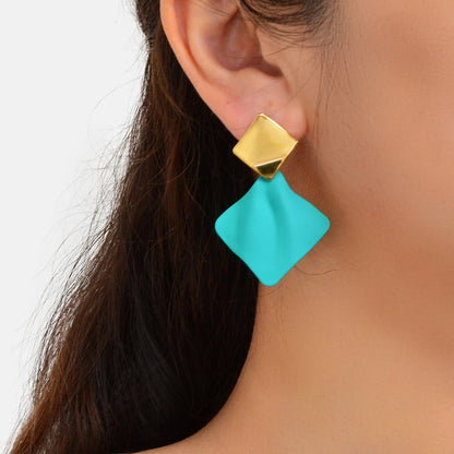Retro Style Blue Enamel Geometric Square Hypoallergenic Pierced Party Earrings-0