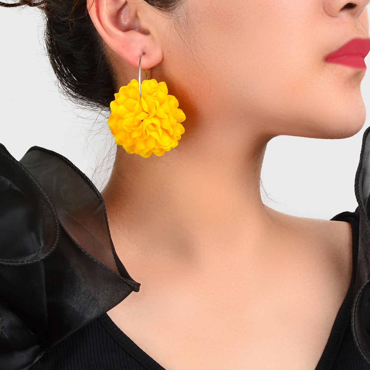 Yellow Hotpink Chiffon Blossom Flower Floral Dangle Hoop Earrings Wedding Gift-0