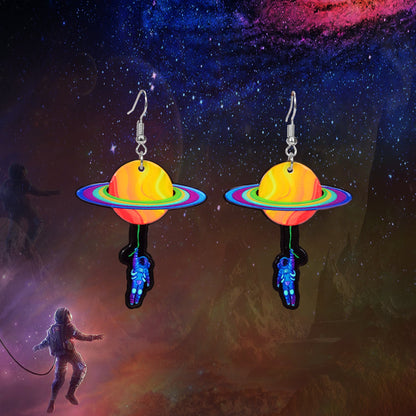 School Sport Style Colorful Acrylic Space Series Astronaut Planet Dangle Earring-0