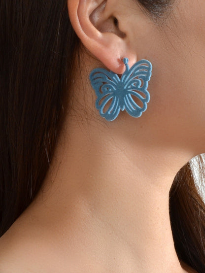 Blue Hollow Flannel Butterfly Hoop Dangle Earrings Women Cute Trendy Jewellery-0