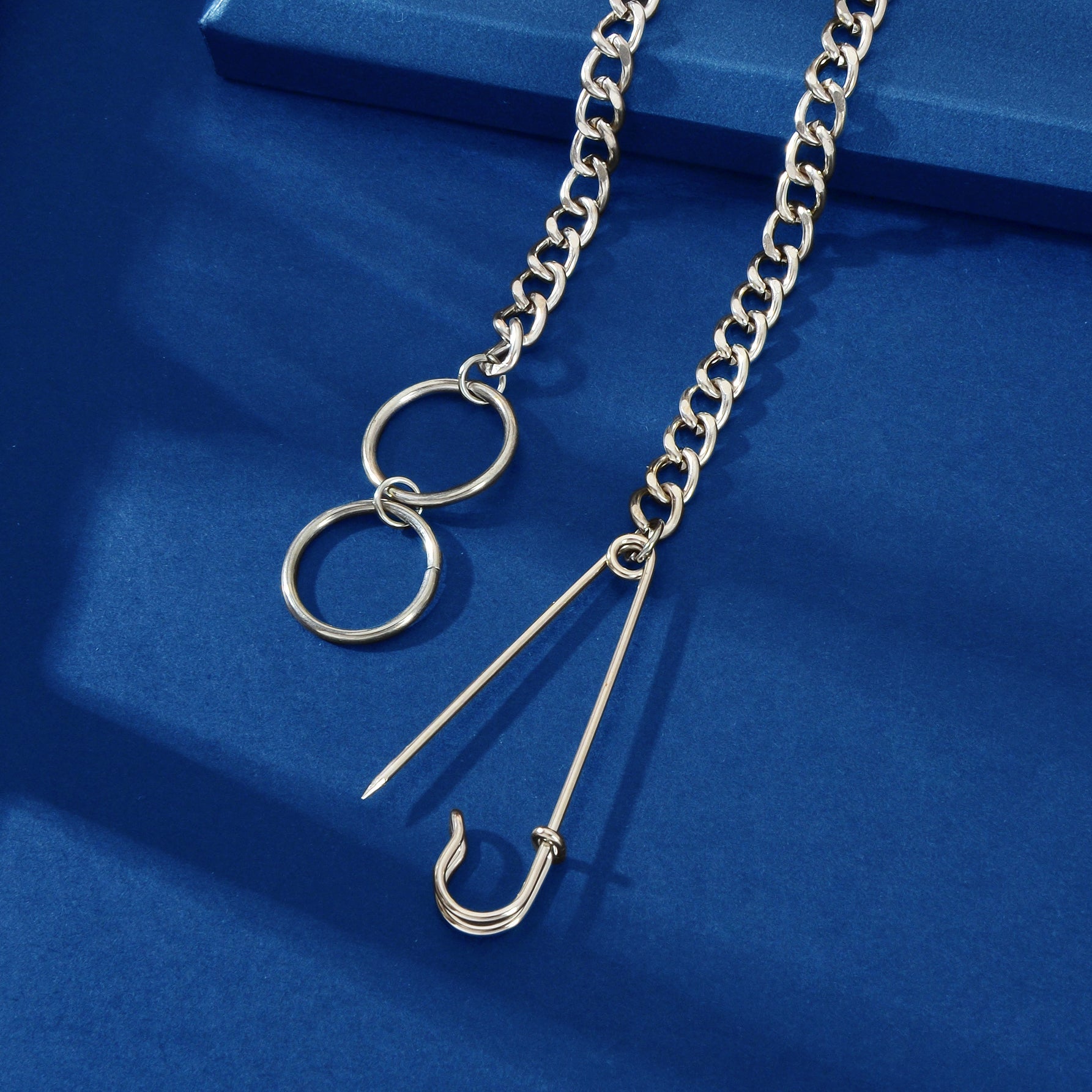 Gothic Street Silver Safety Pin Y-Shaped Punk Cuban Chain Ring Pendant Necklace-4