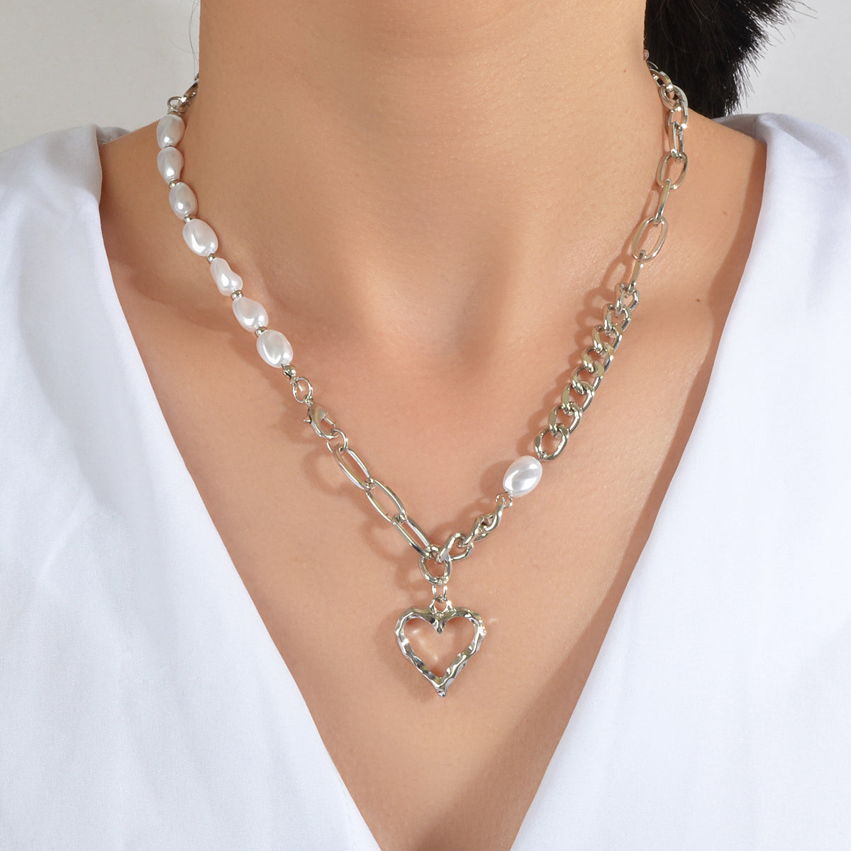 Party Decoration Retro Punk Silver Chain Pearl Heart Pendant Women Necklace Gift-0
