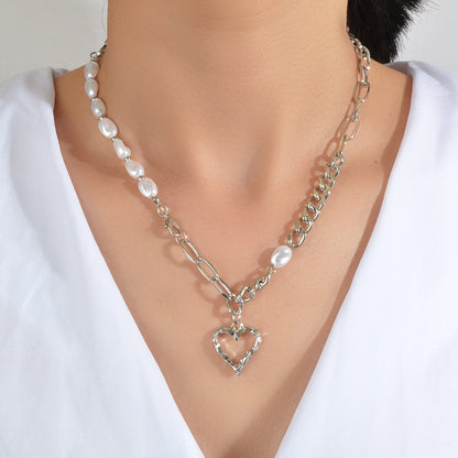 Party Decoration Retro Punk Silver Chain Pearl Heart Pendant Women Necklace Gift-0
