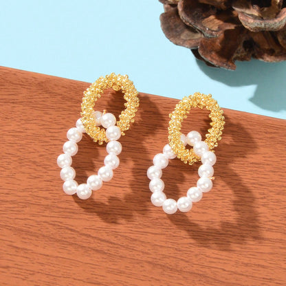 Designer Jewellery Geometric Round Pearl Stud Pierced Hypoallergenic Earrings-0