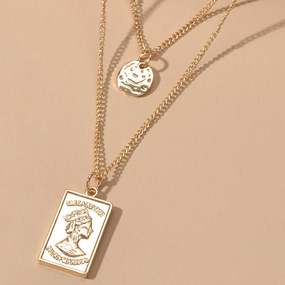Court Double layer Gold Chain Round Rectangle Head Sculpture Pendant Necklace-3