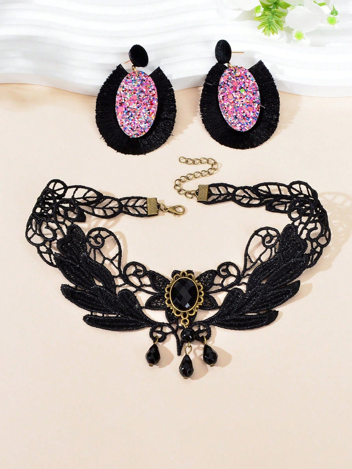 Black Punk Lace Short Necklace with Tassel Earrings Edgy Choker Jewellery Set-1