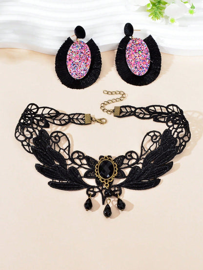 Black Punk Lace Short Necklace with Tassel Earrings Edgy Choker Jewellery Set-1