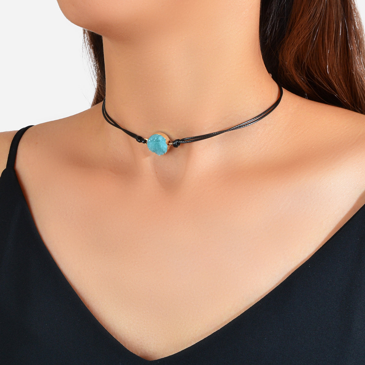 Boho Chic 90s Round Resin Black Pu Leather Grunge Collar Tattoo Choker Necklace-0