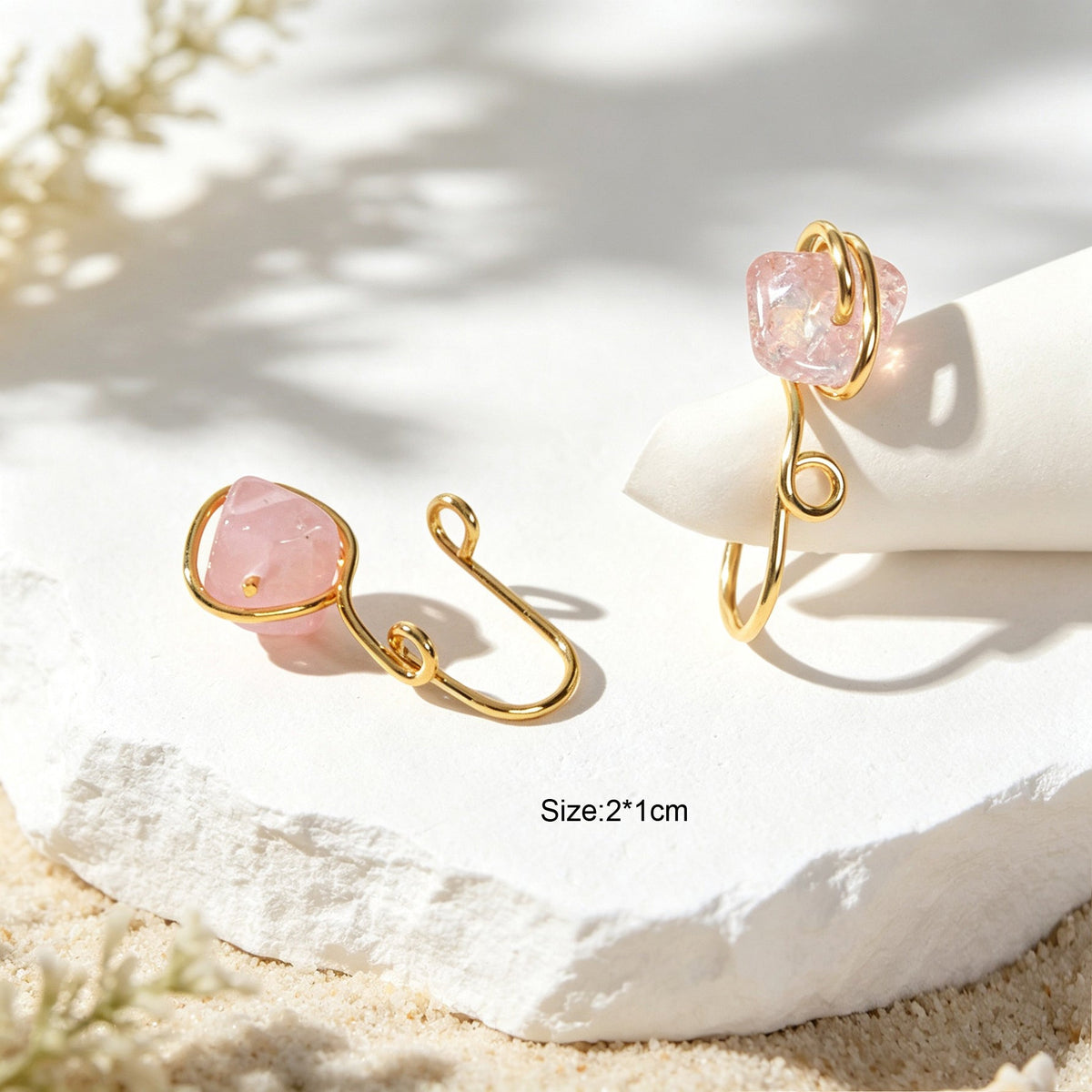 2pcs Boho Pink Stone Clip‑On Ear Cuffs Gold No Piercing Earrings Simple Jewelry-4
