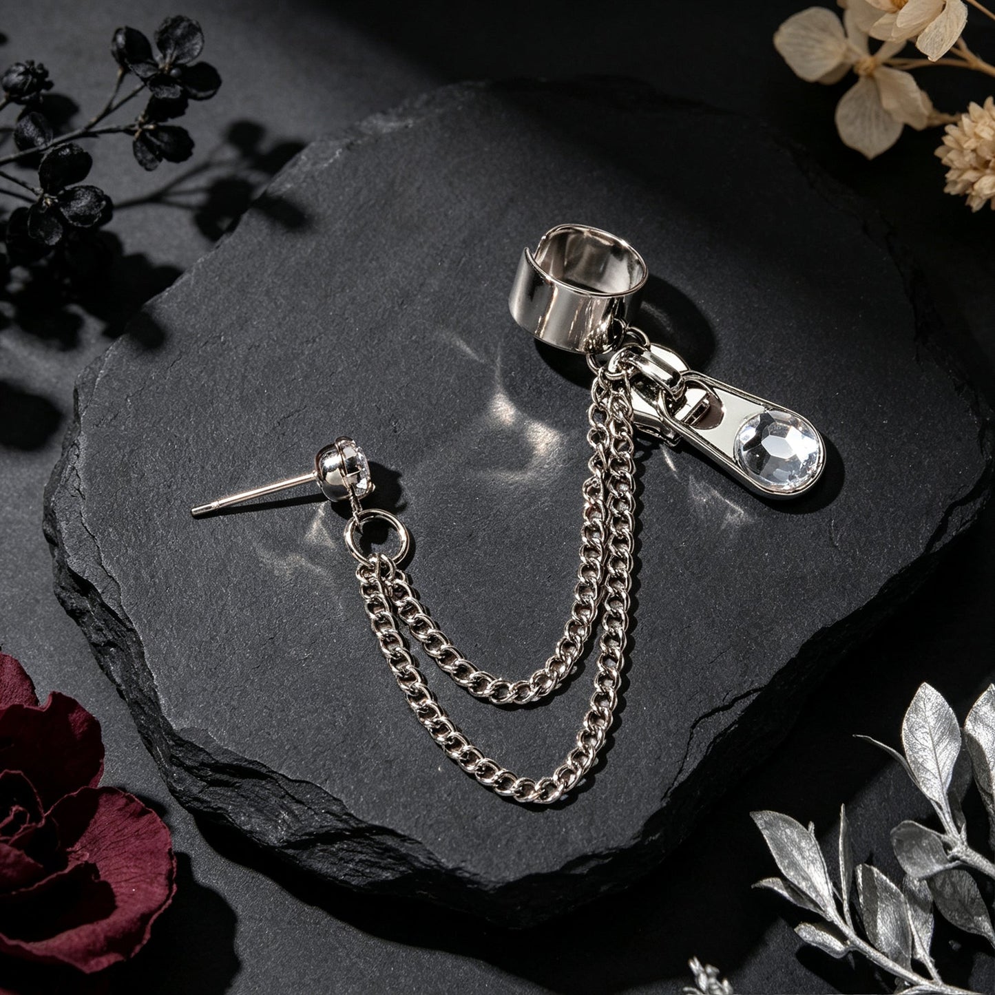 1 pc Y2K Silver Zipper Tassel Chain Ear Cuff Climber Earring Personality Daily Street Party Accessories-4
