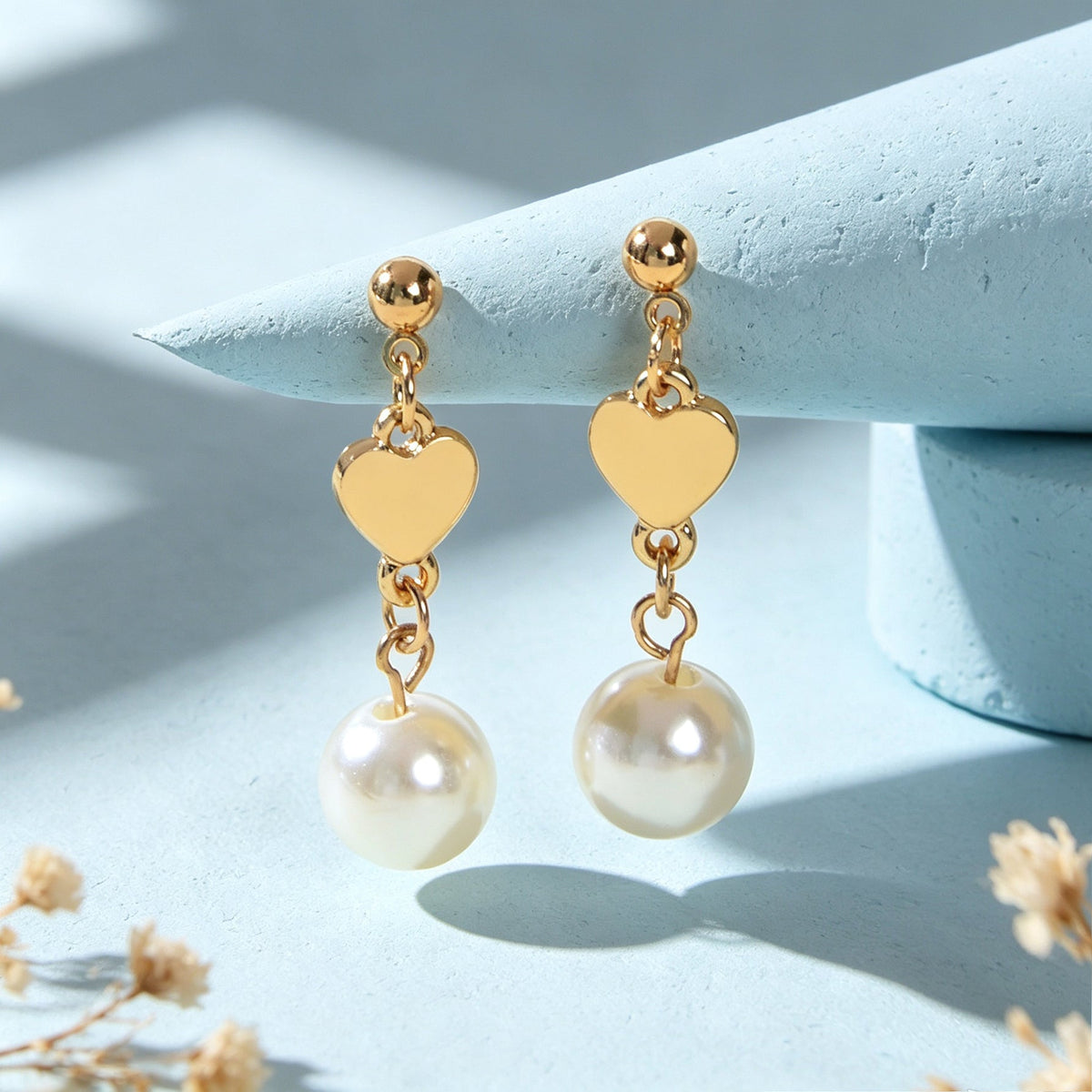 Lovely Gold Heart Pearl Chain Drop Dangle Earrings Daily Party Dating Jewellery-4