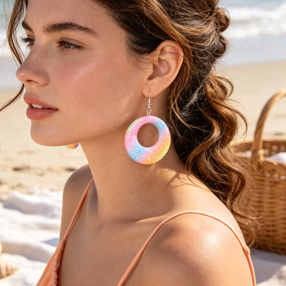 Rainbow Gradient Glitter Hollow Circle Geometric Dangle Earrings Y2K Summer Beach Vacation Party Jewelry-0