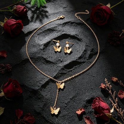 Gold Butterfly Set Y Drop Necklace Pearl Dangle Earrings Wedding Party Accessory-4