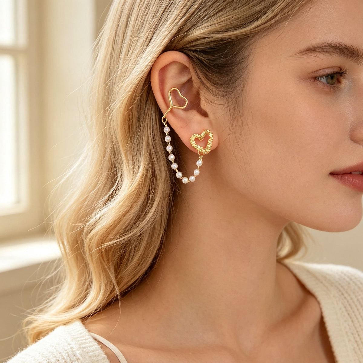 1 pc Gold Heart Imitation Pearl Chain Ear Cuff Climber Earring Romantic Dating Jewelry Festival Gift-4