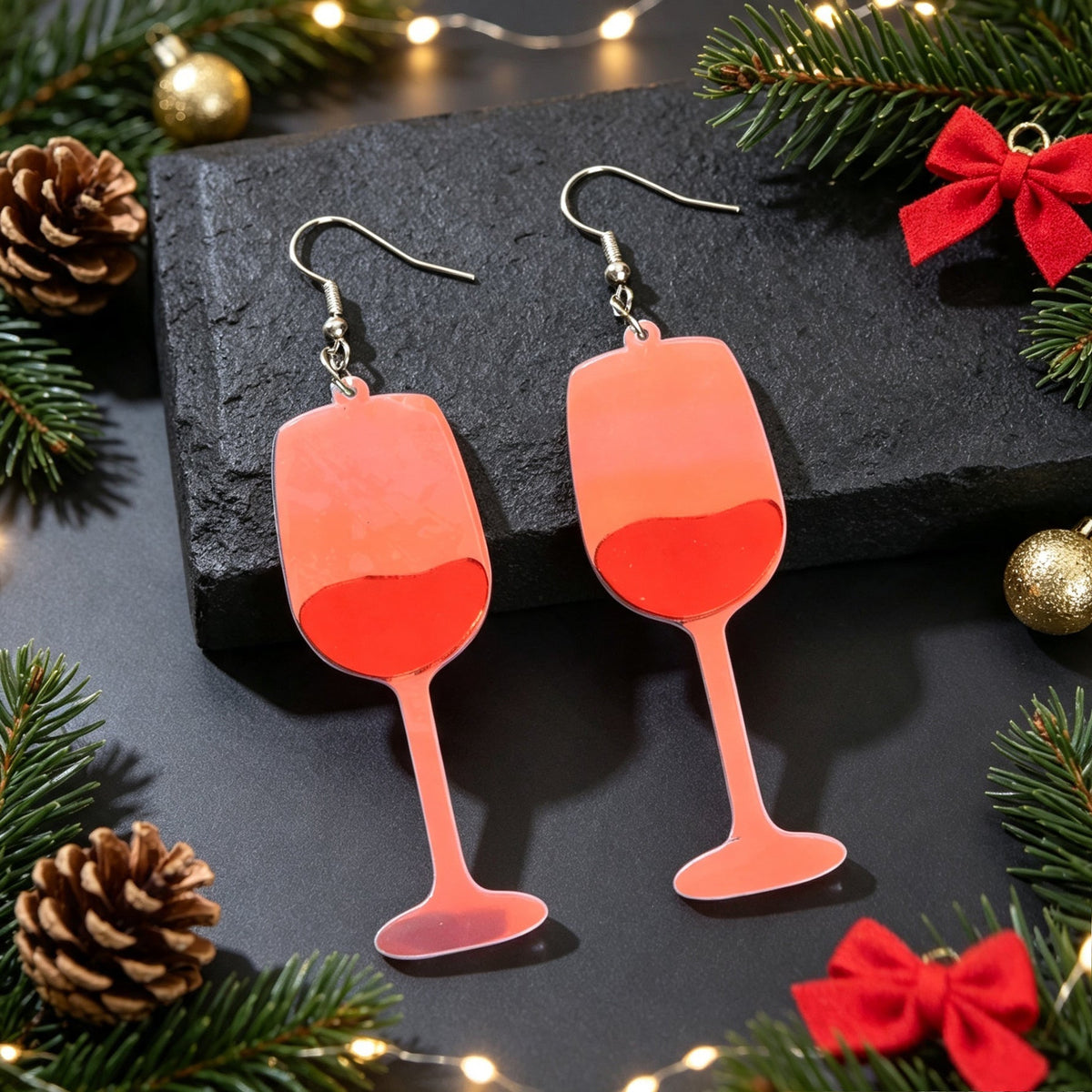 Fun Red Wine Cup Acrylic Dangle Earrings Christmas Party Bar Holiday Jewelry-4