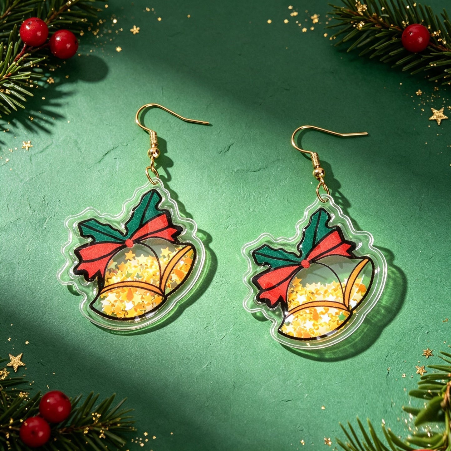 Glitter Christmas Bell Acrylic Dangle Earrings Star Bow Decor Cute Festive Gathering Jewelry Gift-4