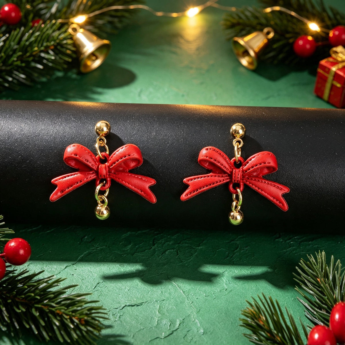 Christmas Jewelry Red PU Leather Bow Dangle Earrings Sweet Cute Party Festival Accessories-4
