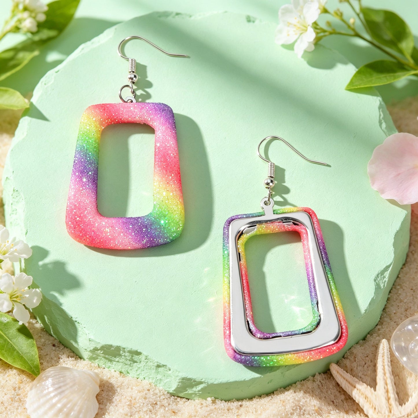 Bright Multicolor Irregular Square Geometric PU Leather Dangle Earrings Beach Vacation Rave Accessories-3