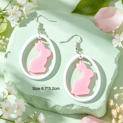 Cute Pink Rabbit Acrylic Dangle Earrings White Oval Frame Easter Beach Sweet Accessories-3