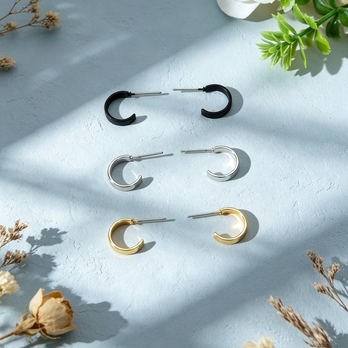 3 Pairs Punk C Shaped Stackable Hoop Stud Earrings Set Gold Silver Black Simple Daily Street Jewelry-4