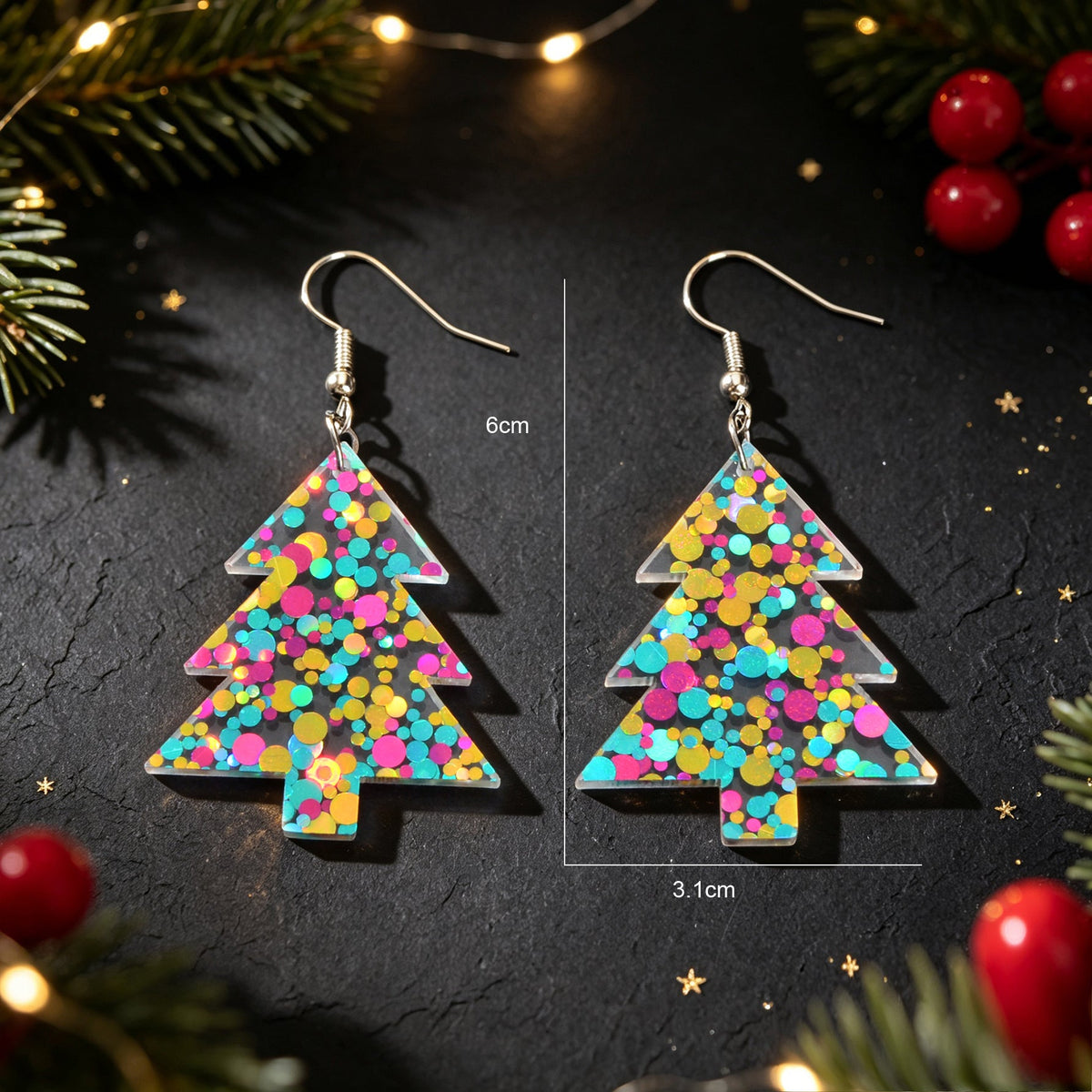 Glitter Colorful Christmas Tree Acrylic Dangle Earrings Cute Festival Party Jewelry-3