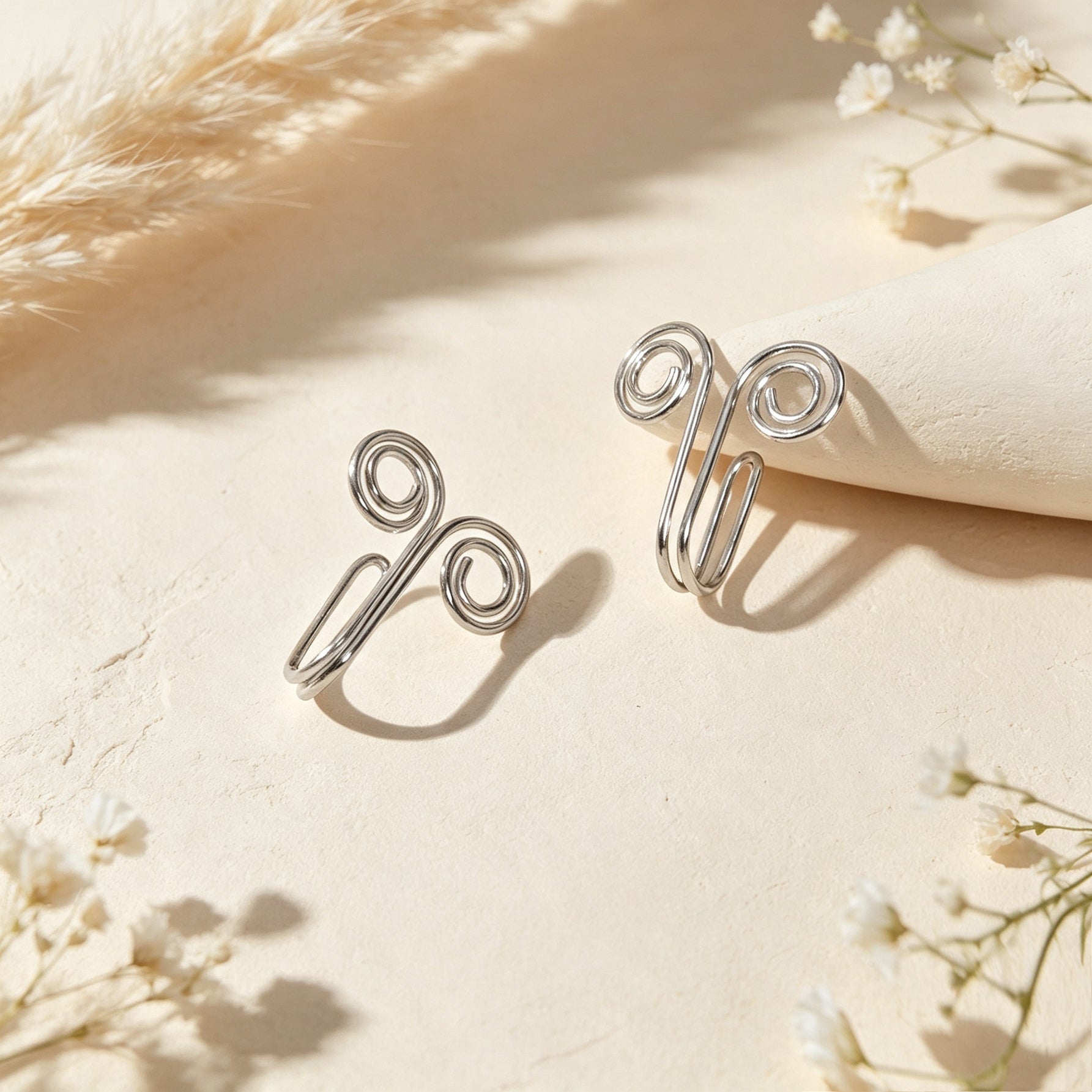 2pcs Unique Double Swirl Wire Wrap Ear Cuff Dainty Non Piercing Silver Ear Clips-3