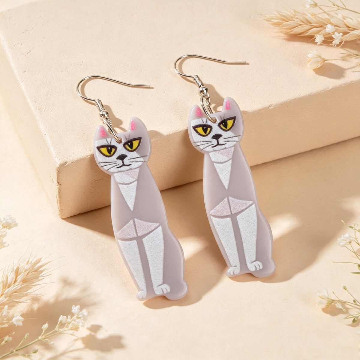 Fun Grey Long Cat  Acrylic Dangle Earrings Cute Pet Animal Element Accessories-3