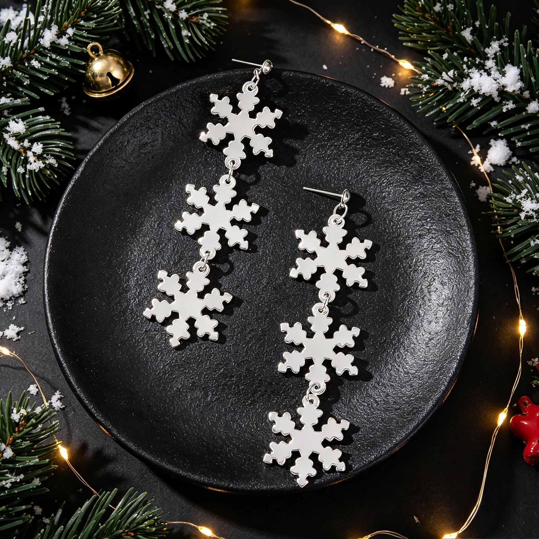 Christmas Snowflake Silver Long Dangle Drop Earrings Festive Statement Accessory-4